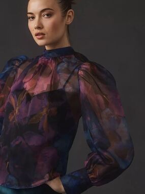 Anthropologie Sheer Floral Blouse in Purple, Blue and Pink